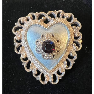VTG 1928 Collection Brooch Mix Metal Silver & Gold Faux Ruby Rhinestone Heart
